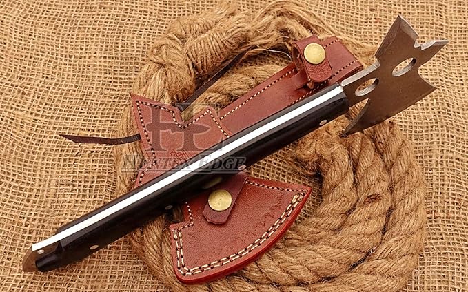 HUNTEX Unique Custom Hand-Forged Rain Drop Pattern Damascus Steel 12 Inch Long Buffalo Horn Handle Full Tang Razor Sharp Hunting Camping Hiking Hiking Axe with Genuine Leather Sheath