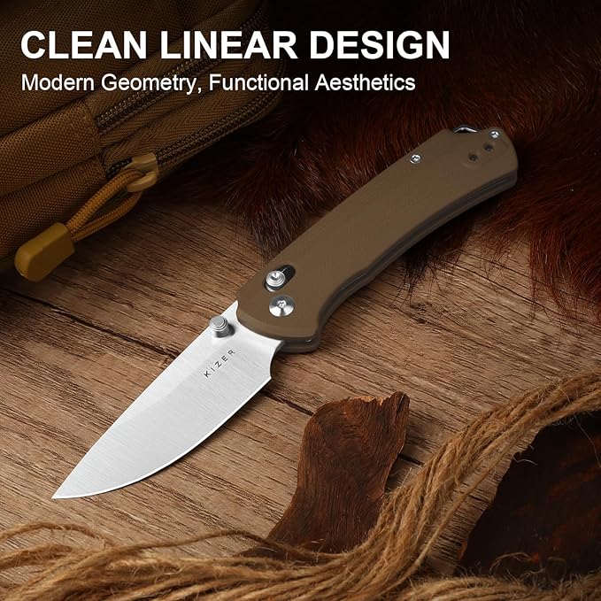 Kizer T1 CD EDC Pocket Knife 3.2 Nitro-V Steel Drop Point Folding Knives with Brown G10 Handle Sided Thumb Studs Opener Clutch Lock for Camping Hiking Fishing V3490.2CA2