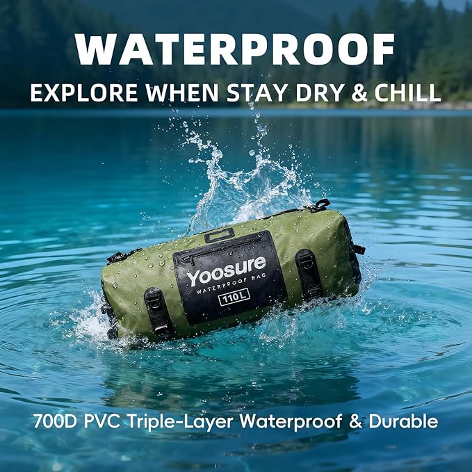 Waterproof Duffel Bag 110L - Marine Dry Bag with 700D PVC &amp Airtight Zipper Extra Large Duffle Bag for Camping Rafting Kayaking Boating Car Roof Storage (Green)