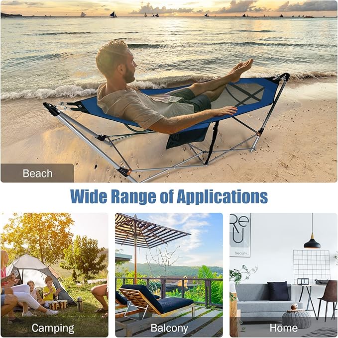 Portable Folding Hammock w/Side Pocket Lounge Camping Bed w/Metal Stand &amp Anti-tip Buckles Outdoor Camping Hammock with Carrying Bag for Patio Garden Yard Easy Assembly (Blue)