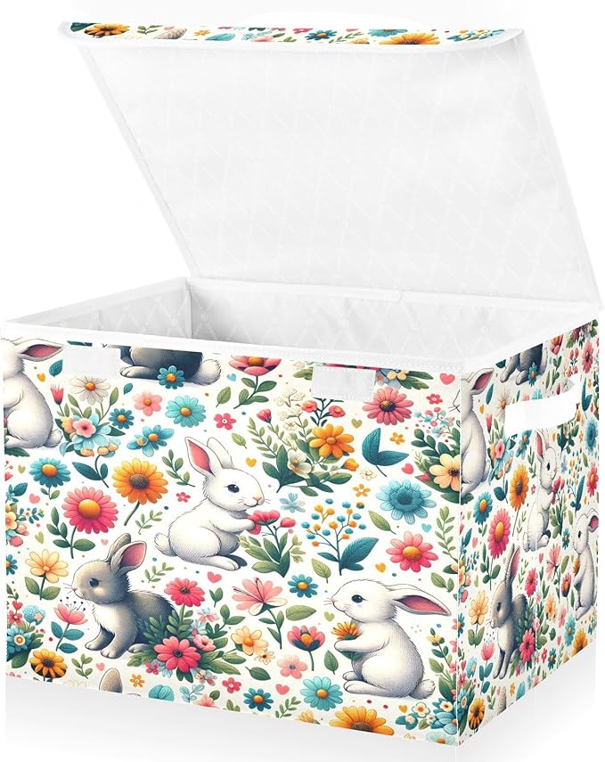 Cute Rabbit Large Collapsible Storage Bins with Lids Easter Storage Baskets Organizer Containers with Handles for Nursery Clothes Toys