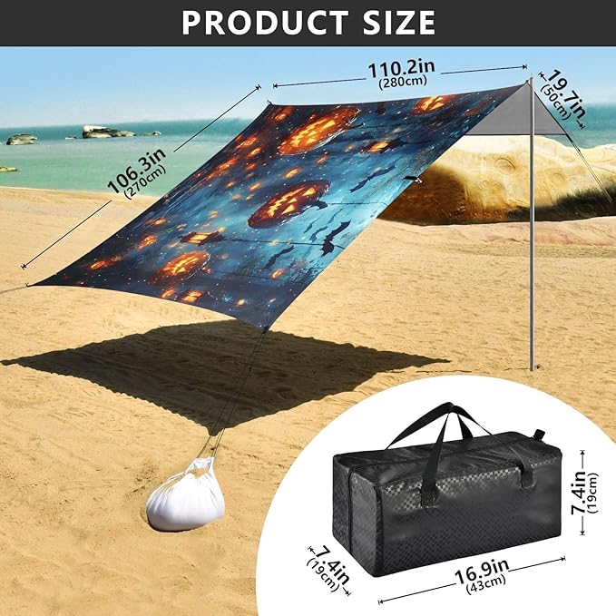ALAZA Halloween Night Pumpkin Beach Tent Sun Shelter UPF50+ Protection Beach Shade Canopy w/ 4 Sandbags for Outdoor Camping Fishing Backyard Fun Picnic 10x9 ft
