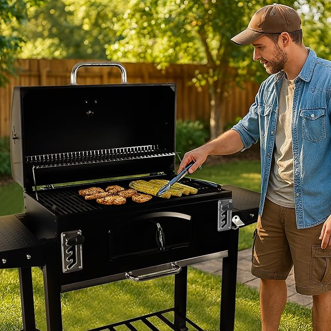 Grill Boss Charcoal Grill with Large 32-Inch Cooking Area - Includes Warming Rack Side Shelves Bottom Storage and Wheels for Outdoor BBQ Tailgating Camping &amp Backyard Grilling