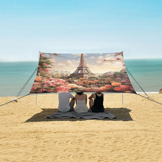 ALAZA Lovely Eiffel Tower Flowers Beach Tent Sun Shelter Portable Canopy Sunshade for Outdoor Camping Picnics Backyard Fun 10x9 ft
