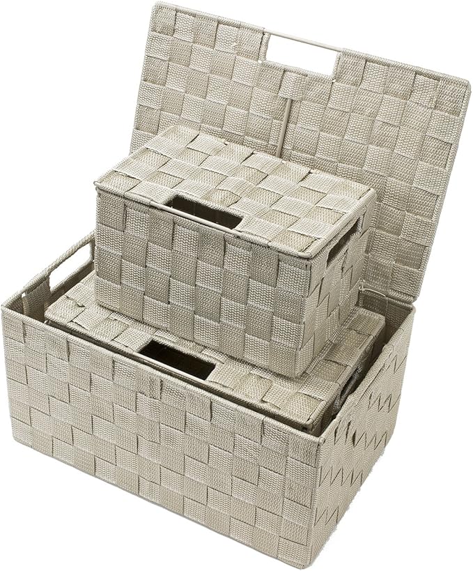 Sorbus Set of 3 Storage Baskets for Organizing with Lid – Mesh Hand-Woven Baskets for Closet Shelf &amp Home Storage (Beige Variety Pack)