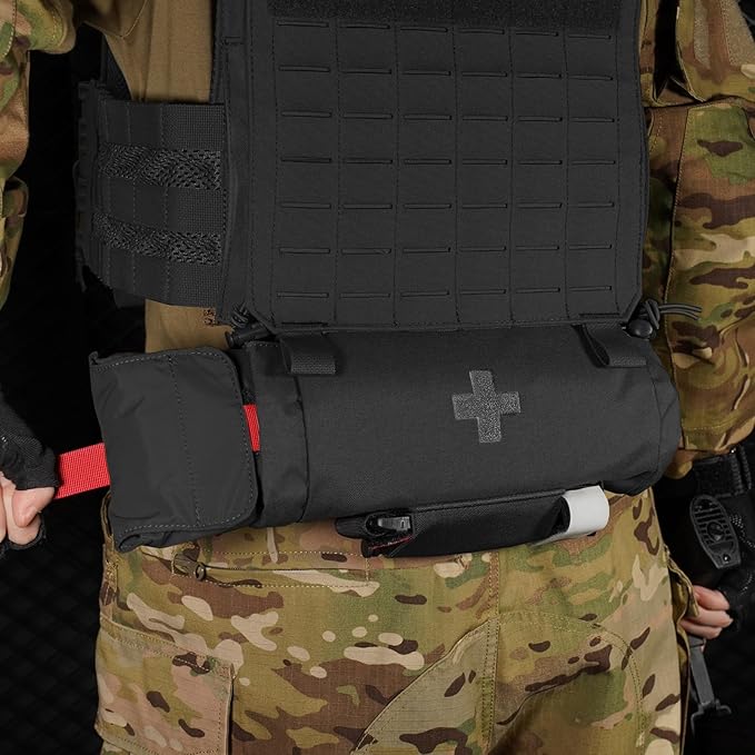 PETAC GEAR Tactical First Aid Drop Dump Pouch Micro Medical Trauma Roll Up Drop Pouch EMT IFAK Sub Abdominal Carrying Bag with Hook-N-Loop(BK)