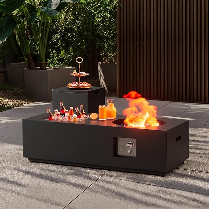 2-Piece 48 Rectangular Propane Fire Pit for Outside Patio with Hidden Tank Table &amp Ice Bucket 50000 BTU Fireplaces with Lid Glass Rocks Cover(Black w/Ice Bucket)