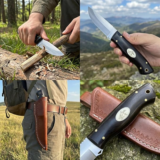 3.54 inches Bowie Knife Full-tang D2 Steel Fixed Blade Ebony Wood Handle Hunting Knife with Leather for Camping Hiking Survival
