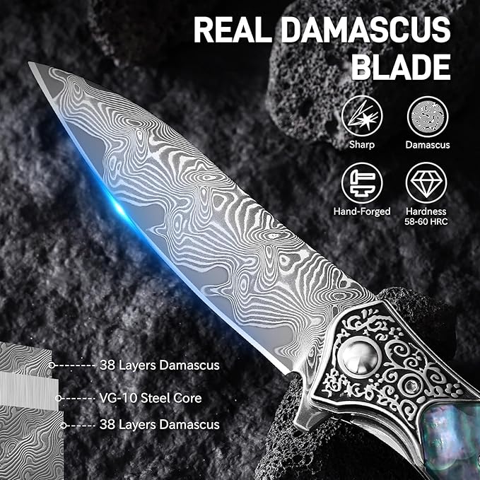 Damascus Pocket Knife for Women 3.54 Sharp Damascus Steel Blade and Abalone Shell Handle EDC Folding Knives for Camping Hiking
