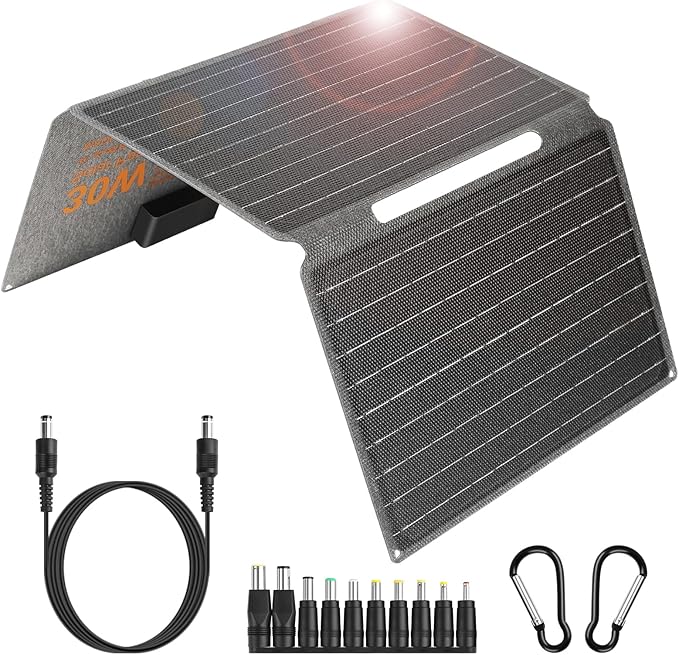 Portable Foldable Solar Panel Kit 30W 18V ETFE Solar Panels Charger with USB 3.0 Type-C and DC Outputs Fast Charging Compatible with iPhone iPad Power Banks IP67 Waterproof for RV Camping Off-Grid