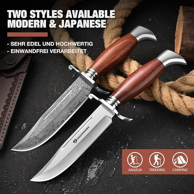 DRACHENADER Bowie Knife 10.5 Inch Hunting Knife with Sheath Outdoor Survival Bushcraft Fixed Blade Knife Comfortable African Rosewood Handle Incl. Black Gift Box