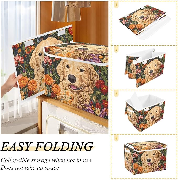 Storage Cube with Lid Labrador Floral Print 16.5×12.6×11.8 IN Collapsible Large Capacity Foldable Storage Basket Bin Organizer