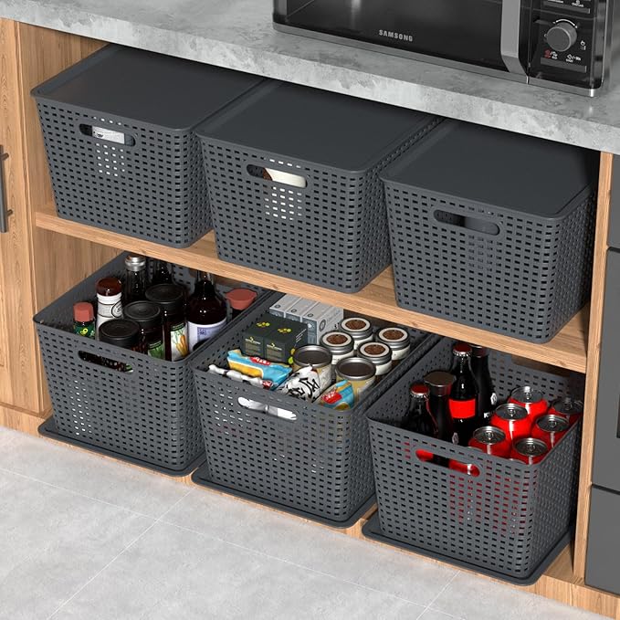 6-Packs Grey Woven Storage Baskets Bins with Lids Plastic Large Stackable Baskets Box 13.58'' x 11.42'' x 8.7''