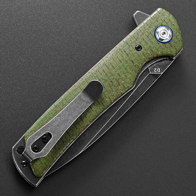 Eafengrow EF973 Folding Knife D2 Steel Blade Micarta Handle Scale Pocket Knife Folder for Working Camping Hiking EDC Tool Knife（army green