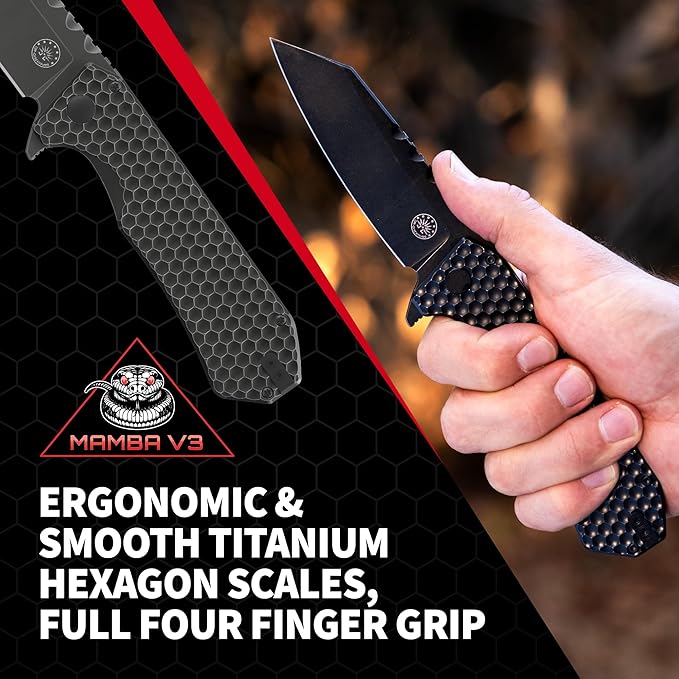 Off-Grid Knives - MAMBA V3 Large EDC Knife with MagnaCut Blade Steel Titanium Scales and Hardware Manual Ball Bearing Flipper Four Finger Grip Deep Pocket Carry (Blackout)