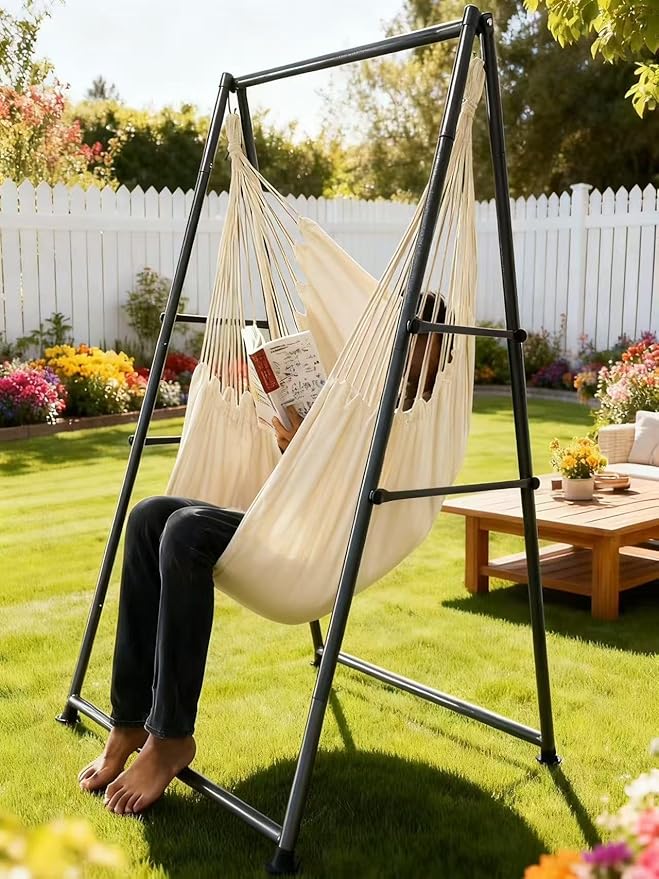 Hammock Chair Stand with X-Large Swing Chair with FootrestAnti-Tip Thickened Weather-Resistant Iron Pipe Swing Frame 450Lbs Stand Capacity Quick Assembly for Indoor Outdoor (White)