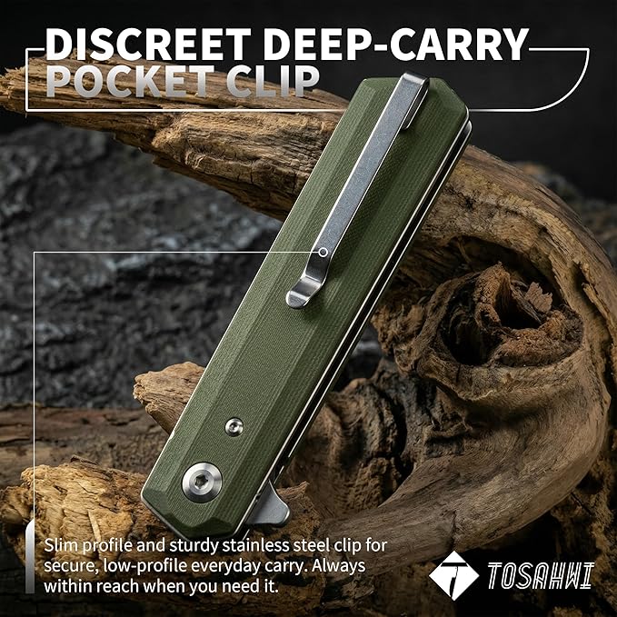 Pocket Folder Folding Knife: 3.54 5CR15Mov Steel Grey titanized Satin Blade G10 Scales Flipper Liner Lock EDC Reversible Deep Clip -Green