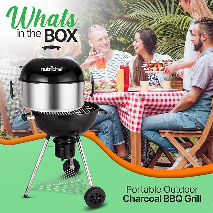 NutriChef Portable Outdoor Charcoal BBQ Grill Barbecue Grills Perfect for Picnic Backyard Patio Camping Offset Smoker with Cover