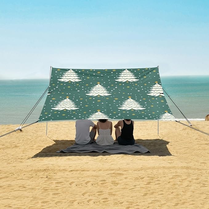 ALAZA Christmas Tree Snow Beach Tent Sun Shelter UPF50+ Protection Beach Shade Canopy w/ 4 Sandbags for Outdoor Camping Fishing Backyard Fun Picnic 10x9 ft