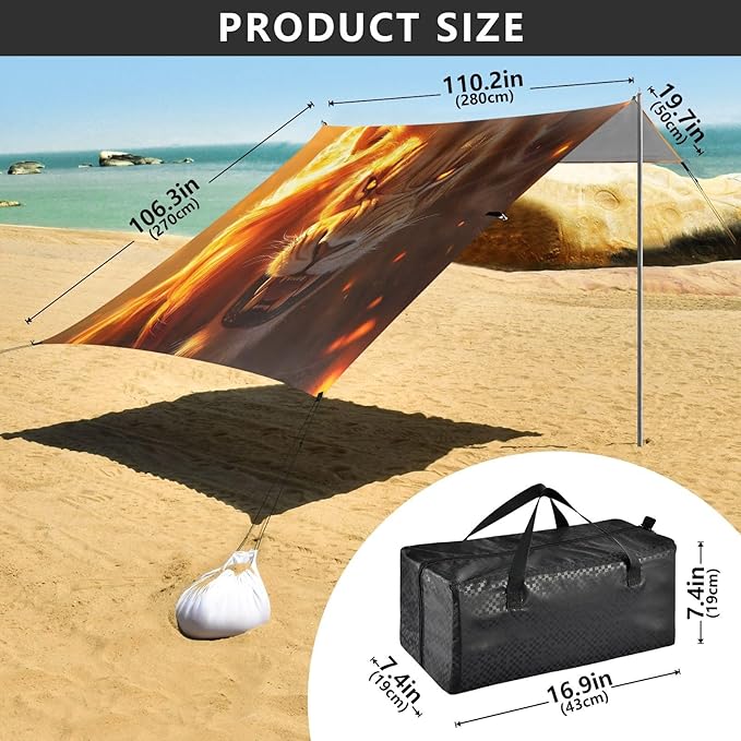 Fierce Lion Beach Tent Sun Shelter Set UPF50+ UV Protection 10.5 x 9.19 FT Camping Shade Canopy with Sandbags Sand Anchors Carrying Bag and Others