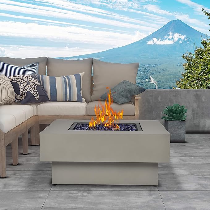32.5-inch Fire Table with Natural Gas Conversion Kit 50000BTU Outdoor Modern Patio Fire Pit Table w/Square Burner Lid Glass Rocks Cover