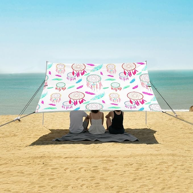 xigua Dreamcatchers Beach Tent Sun Shelter with Carrying Bag - Silver Coated Oxford Fabric Beach Canopy for Beach Camping Fishing - Includes Windproof Ropes Sandbags &amp Stakes