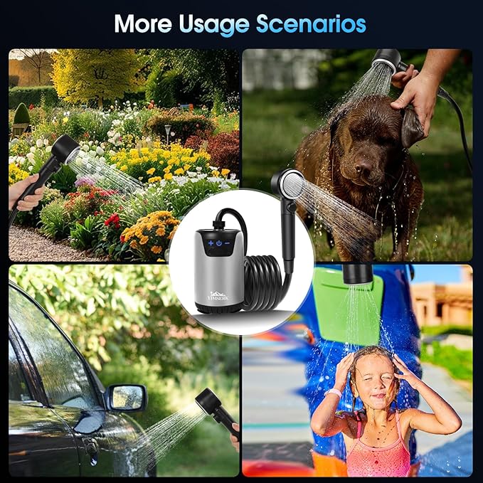 8000mAh Portable Camping Shower 10-Speed Camp Shower Pump LED Display 4 Spray Modes IPX8 Waterproof Outdoor Shower Kit for Hiking Travel Pet Car Wash