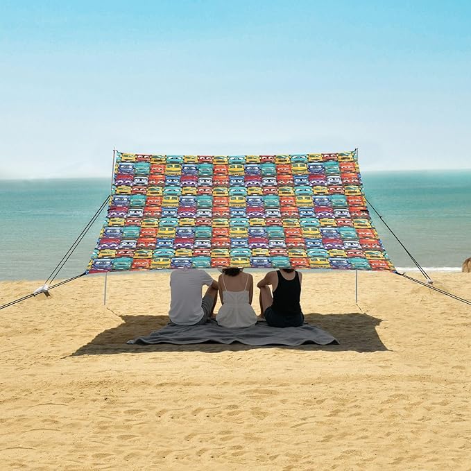 ALAZA Colorful Cartoon Trucks Beach Tent Sun Shelter UPF50+ Protection Beach Shade Canopy w/ 4 Sandbags for Outdoor Camping Fishing Backyard Fun Picnic 10x9 ft