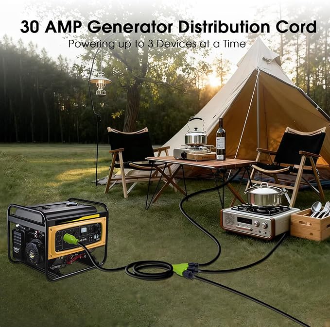 NEMA L5-30P to 5-15/20R RV Generator Adapter with Circuit Breaker Converts a 30A Locking Outlet to 3X 15A/20A Household OutletsETL Listed (15FT)