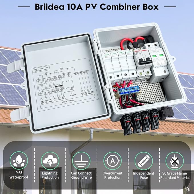 Solar Combiner Box Briidea 4-String PV Combiner Box with 10A Circuit Breakers &amp Lightning Arrester IP65 Waterproof for On-Grid &amp Off-Grid Solar Panel Systems