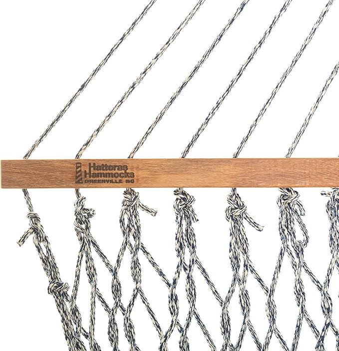 Hatteras Hammocks Small Navy Oatmeal Heirloom Tweed DuraCord Rope Hammock – 11 ft. x 45 in. 450 lb Capacity Cumaru Spreader Bar Zinc-Plated Hardware Handcrafted in The USA