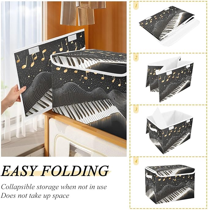 Foldable Storage Bin Basket with Lid - Piano Keys Gold Music Notes Large Collapsible Storage Box Organizer for Home Office &amp Books Clothes Storage 16.5x12.6x11.8
