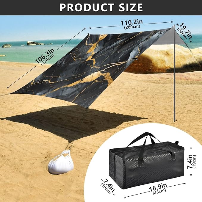 ALAZA Gold &amp Black Marble Beach Tent Sun Shelter UPF50+ Protection Beach Shade Canopy w/ 4 Sandbags for Outdoor Camping Fishing Backyard Fun Picnic 10x9 ft