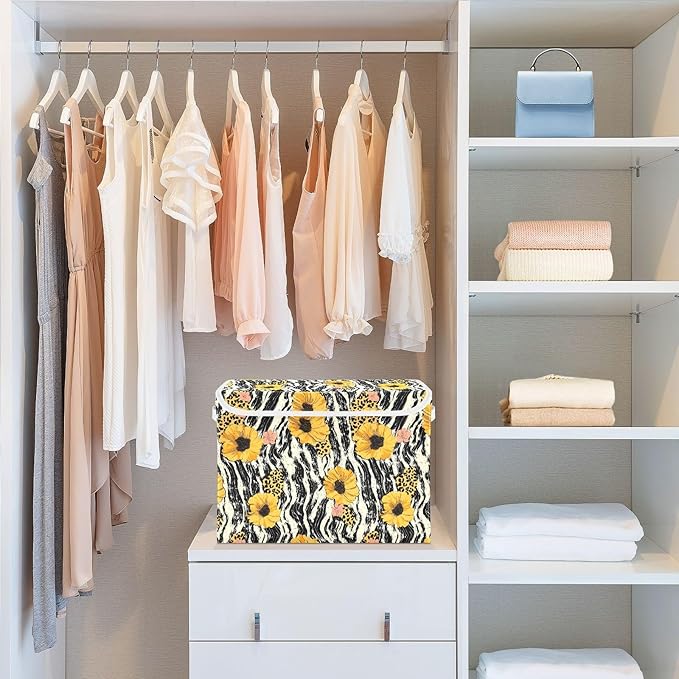 Storage Cube with Lid Leopard Sunflower Print 16.5×12.6×11.8 IN 1 Pack Collapsible Large Capacity Foldable Storage Basket Bin Organizer