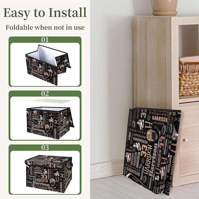 Ice Hockey Custom Storage Bins with Lid Foldable Fabric Personalized Storage Basket Box with Handle Storage Organizer Container for Home Bedroom Closet