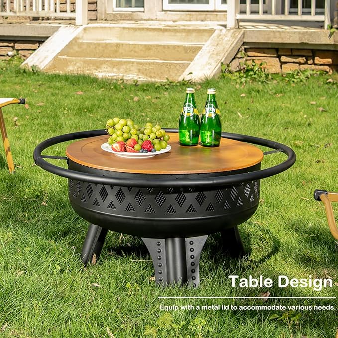 Panovue 32 Inch Outdoor Fire Pit with Grill Wood Burning Firepit for Outside with Lid/Fire Poker Metal Round Fire Pit Table for Patio Backyard Garden Bonfire Party