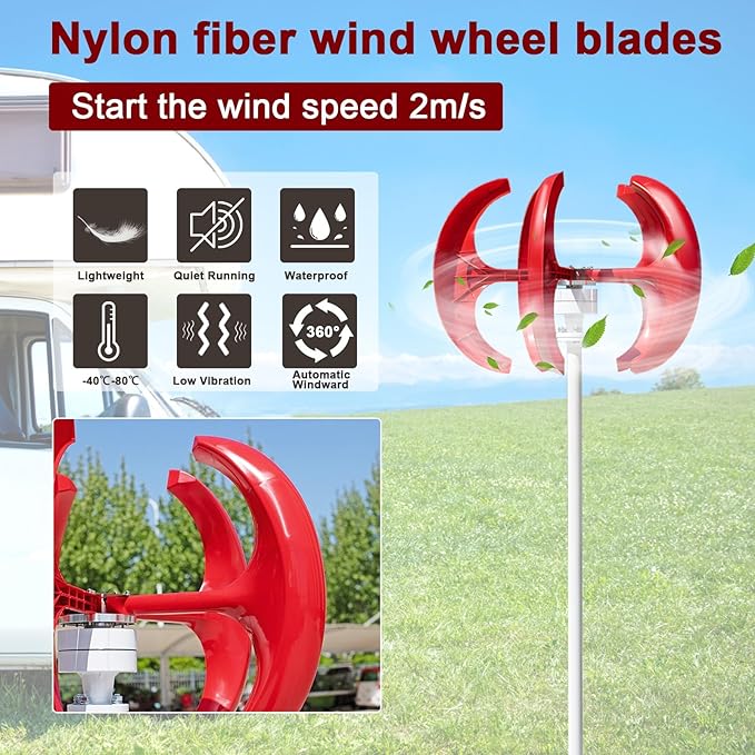 1000W 12V/24V Wind Turbines Generator | 5-Blade Lantern Winds Turbines Generator Kit Electromagnetic Electricity Producer EquipmentLantern Wind Turbine Generators DIY Kit Red