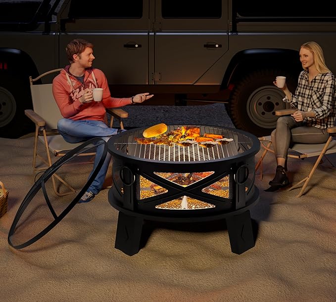 Fire Beauty 26Steel Fire Pit with Grill Grate&ampSpark Screen360° Airflow Boost TechnologyLess SmokeLarger FlamesHeavy-Duty Portable Camping Fire Pit for BackyardBeachRV (22lbs4 HandlesDual-