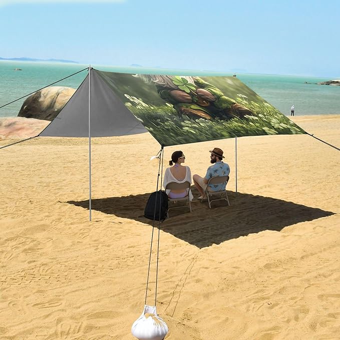 St. Patrick's Day Beach Canopy Sun Shelter with Sandbags &amp Sand Shovel &amp Windproof Ropes - Portable 110x126 Beach Shade Beach Tent for Camping Picnics