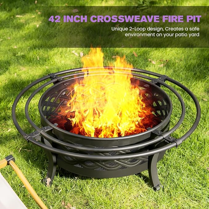 Panovue 42 Inch Outdoor Fire Pit with 2 LoopsCrossweave Wood Burning Fire Pits for Outsidewith Spark ScreenFire PokerRound Metal Firepit for PatioBackyardBeachCampingBonfire(42''Black)