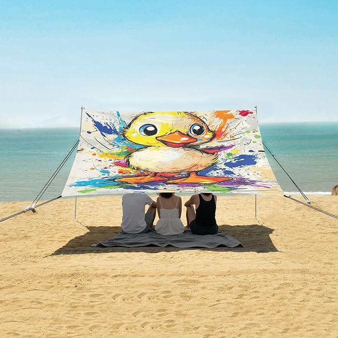 Cute Pet Duck Stable Beach Tent UPF50 Easy Setup Large Sun Shelter with Sand Shovel Sandbags for Backyard and Camping