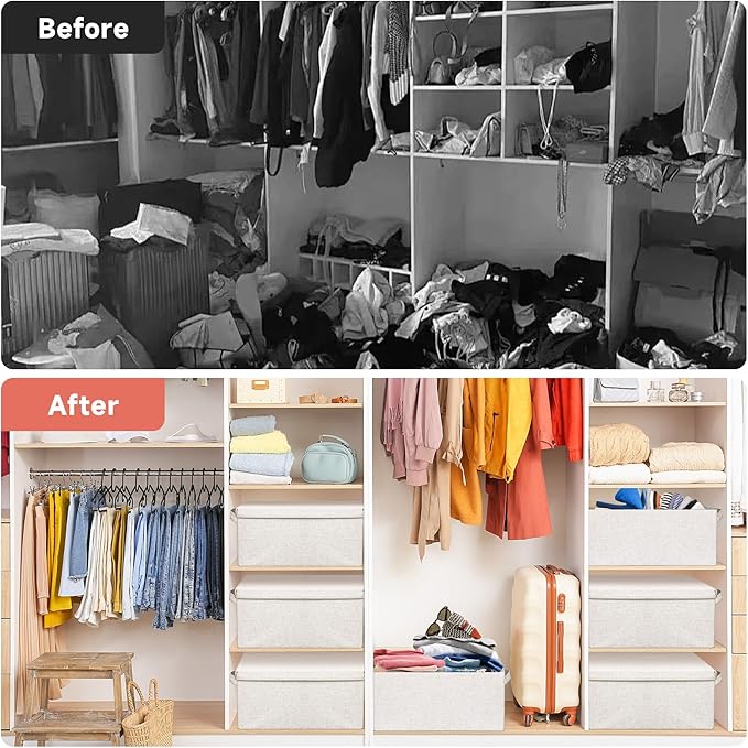 Large 17''x12'' Quart Collapsible Stackable Storage Bins with Lids 2 Packs Off White Fabric Closet Boxes with Lids Storage Cube Baskets Container Organizers for Bedroom Office(17''x12.2x''8'')