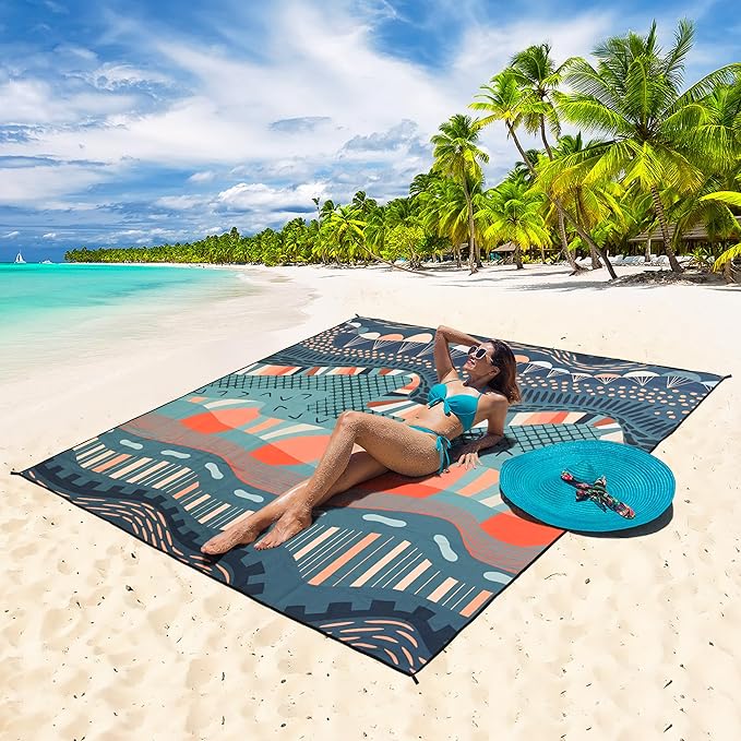 Beach Blanket Waterproof Sandproof Beach Mat 79 X 83/10'x9'for 2-8 Adults Quick Drying Outdoor Picnic Mat Beach Accessories for Travel Camping Hiking
