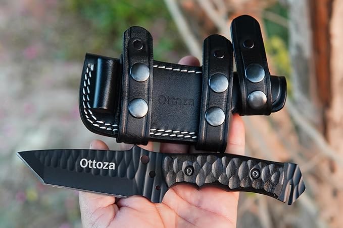 Ottoza Tanto Tactical Knife with Fixed Blade and Horizontal Carry Leather Sheath - Compact Military EDC Knife - Black Micarta Handle 377