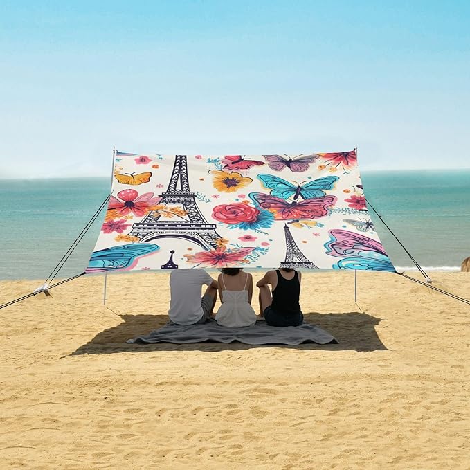 ALAZA Paris Eiffel Tower Colorful Butterfly Beach Tent Sun Shelter Portable Canopy Sunshade for Outdoor Camping Picnics Backyard Fun 10x9 ft