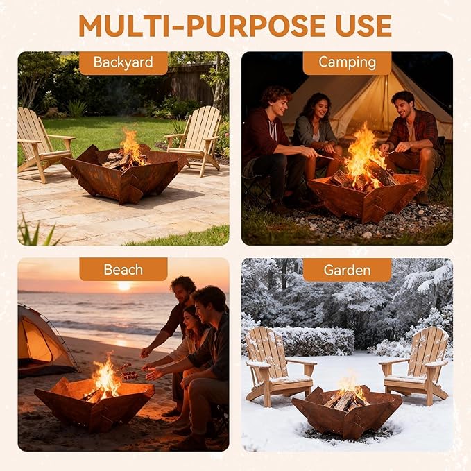 Decoroca Corten Steel Fire Pit - Outdoor Wood Burning Pit for Backyard Patio Garden &amp Terrace Durable &amp Weather-Resistant Ideal for Family Gatherings &amp Parties