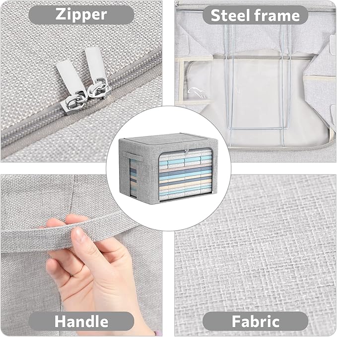 FHSQX 2 Pack Clothes Storage Bins Stackable Metal Frame Storage Box Large Capacity Foldable Linen Fabric Box Organizer with Carrying Handles and Clear Window (Light Gray 19.7x 15.7x 12.6 Inch)