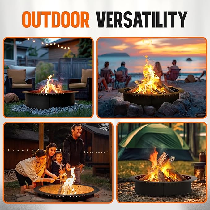 IDZO Fire Pit Ring 42 inch Outer 36 inch Inner Diameter with Air Venting Holes 10 inch Height Steel Fire Pit Insert for Smokeless DIY Campfire Outdoor In-Ground or Above Ground Use