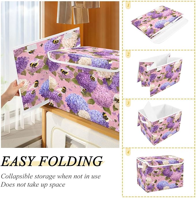 Storage Bins With Lid Stackable Fabric Closet Organizer Clothing Storage Large Boxes For Closet Shelves Bedroom Purple Bees and Hydrangeas