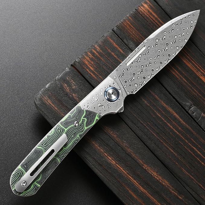 Sitivien ST256 Damascus Steel Folding KnifeDamascus Blade with Colorful G10 Handle EDC Knife for Outdoor CampingHiking Fishing(Green) … …